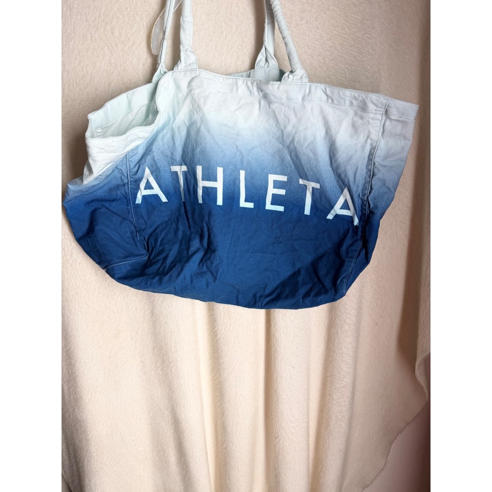 Athleta Canvas Tote Bag Blue White Ombre Dip Dye‎ Large Logo Gym Beach Bag